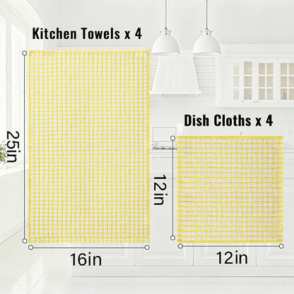 Homaxy Kitchen Towels and Dishcloths Set, 16 x 25 and 12 x 12 Inches, Set of 12 Cotton Terry Kitchen Dish Towels, Super Soft and Absorbent Dish Cloths, Yellow