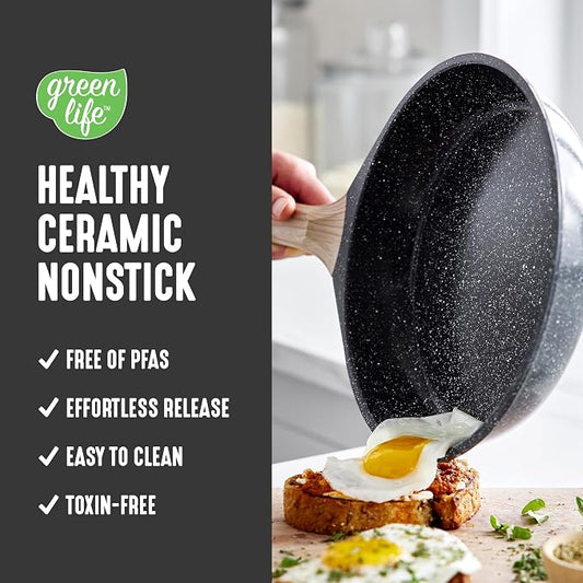 GreenLife 8 Piece Ceramic Nonstick Cookware Set, Induction Suitable Non Toxic PFAS-Free Pots & Pans, Dishwasher Safe, Cooking Set, Stock Pot, Saucepans & Frying Pans, Kitchen Cooking, Granite Black
