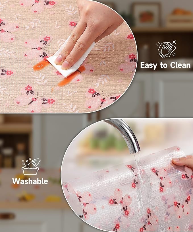 Reusable Non-Adhesive Drawer and Shelf Liner for Kitchen Cabinets - Waterproof Shelf Paper, Easy to Cut and Install - Suitable for Cabinets, Drawers, Shelves, and Desks(Pink Butterfly, 17.7"W x 197"L)