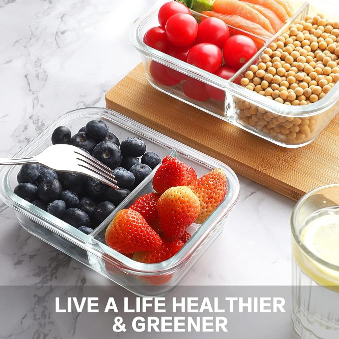 Bayco 9 Pack Glass Meal Prep Containers - 3, 2 & 1 Compartment Glass Food Storage Containers with Lids, Airtight & Leak Proof Lunch Bento Boxes - Grey