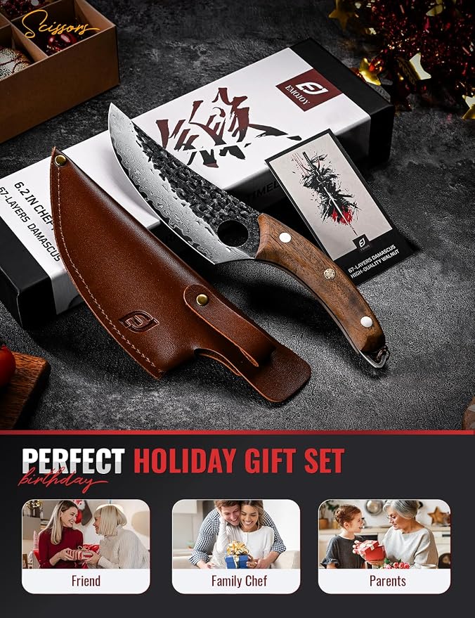 Emojoy Damascus Chef Knife, 67-Layer Damascus Steel Kitchen Knife with Black Hammered Finish, Japanese Knives for Home, Outdoor Cooking, BBQ, Include Gift Box, 6.3 Inch