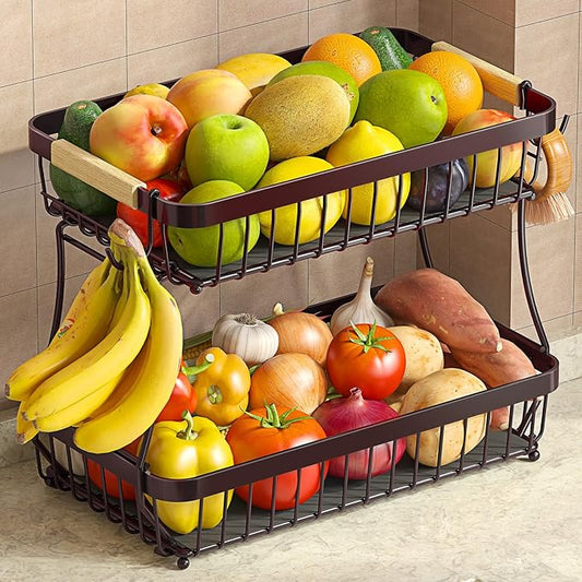 Sevenblue 2 Tier Large Fruit Basket for Kitchen Counter with 2 Mobile Banana Hangers, 2026 Pro Detachable Metal Fruit Bowl with Wooden Handle (Brown, 2 Tier)