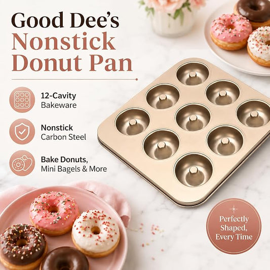 Good Dee's Nonstick Donut Pan for Baking 12 Cavity - Carbon Steel Donut Baking Pan for Muffin, Cake, Dessert & Mini Bagel | Doughnut Bakeware for Oven Baking | Mold Donut Trays Easy Clean & Non-Stick