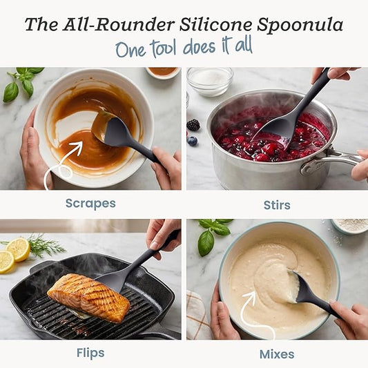 StarPack Silicone Spoonula The All-Rounder 11 Inch - LFGB Spoon Spatula, 600°F Heat Resistant, BPA-Free - One-Piece Seamless, Dishwasher Safe - for Nonstick Cookware, Gray Black