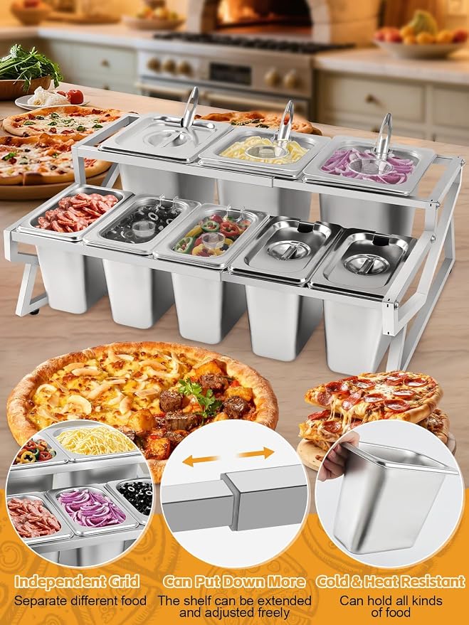 Pizza Topping Station 8 Pans Pizza Storage Container Topping containers with Lids Spoon Condiment Organizers Buffet Containers Set for Restaurant Pizza Sauce Jam Fruit Ingredient