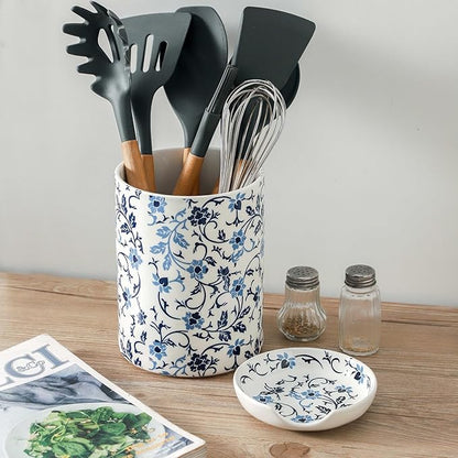 Spoon Rest Ceramic, 4.8 Inch Spoon Holder and Utensil rest for Stovetop, Vintage Spoon Rest Set of 4 for Spatula, Ladle, Kitchen Gadget Cooking Gift, Blue and White Floral Pattern, Kitchen Decor