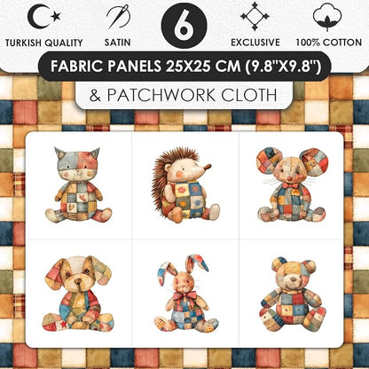 Patchwork Animals Cotton Fabric Panel – 6 Designs (10×10 inch Each) + Bonus Patchwork Sheet 29.5×19.6 inch, 100% Cotton 140 GSM