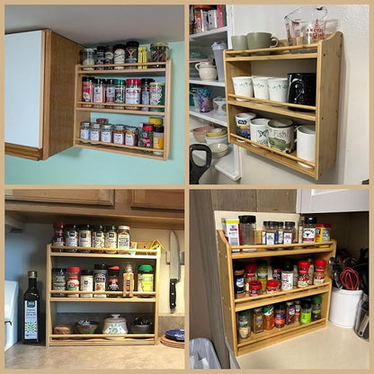 3 Tier Bamboo Spice Rack, Seasoning Jars Rack Shelf Spice Organizer for Kitchen Counter or Wall Mounting