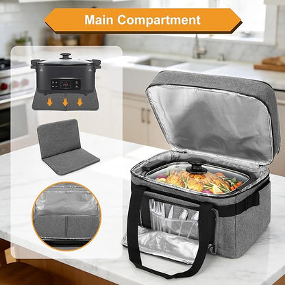 LUXJA Programmable Slow Cooker Carrying Bag Compatible with Hamilton Beach Crock Pot, 6-8 Quart Oval Slow Cooker Carrier for Crockpot with Casserole Dish Section, Gray