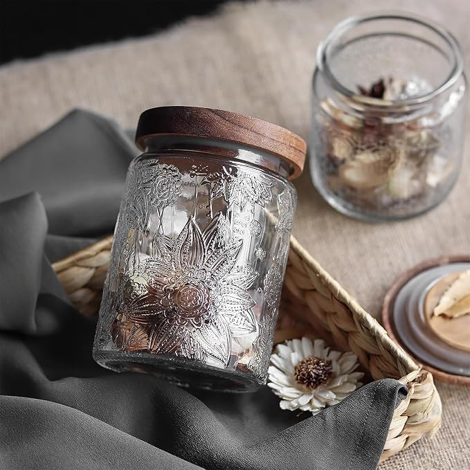 Custde Glass Storage Jars With Airtight Lid, 23.7oz Container For Kitchen Counter with Wooden Lid, brown sugar, candy, coffee, cookie, salt, tea, cute Jar (Sunflower*2)