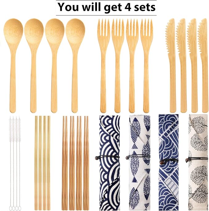 Boao 4 Sets Bamboo Utensils Wooden Utensils Set Japanese Style Reusable Cutlery Travel Chopsticks Fork Spoon Straw Portable Utensil Case for Travel Hiking Picnic Camping Cooking Kitchen(Chic Style)