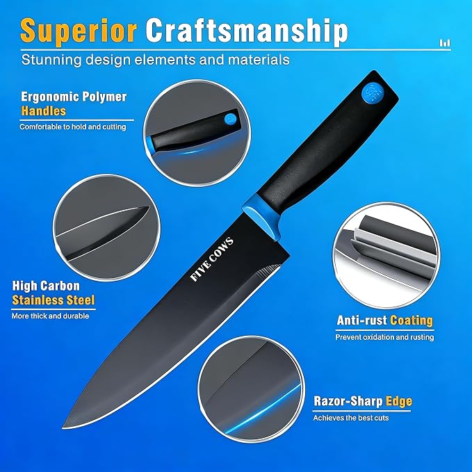 14 Pcs Kitchen Knife Block Set with Sharpener German High Carbon Stainless Steel Chef Knives, Razor-Sharp & Durable, Lightweight Anti-Slip Handle, Professional Set for Home & Kitchen (Blue)