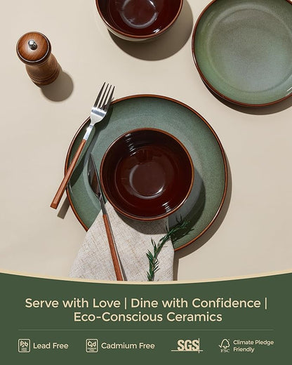 Pokini 32 Piece Double Bowl Dinnerware Sets with Pasta Bowls, Highly Chip and Crack Resistant Plates and Bowls Sets, Natural Earthyware Ceramic Dishware Sets, Service for 8 Sage Green