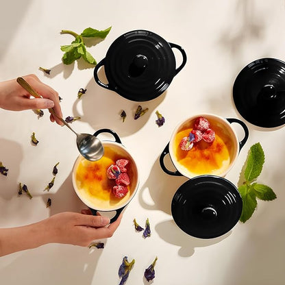 Kook Ceramic Mini Cocotte Set, Small Casserole Dishes with Lids and Handles, Individual Baking Ramekins, Oven safe 350F, Microwave & Dishwasher Safe, Stoneware, 12 oz, Set of 4, (Black)