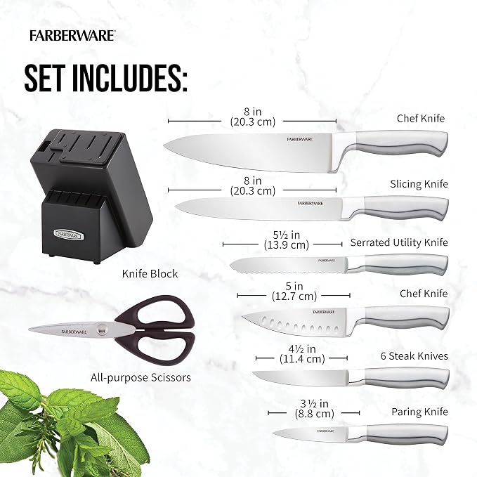 Farberware Self-Sharpening 13-Piece Knife Block Set with EdgeKeeper Technology, High Carbon-Stainless Steel Kitchen Knives, Razor-Sharp Knife Set with Wood Block, Black