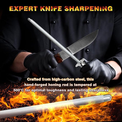 Knife Sharpener Rod, 13 Inch Carbon Steel Honing Steel for Kitchen Knives, Professional Magnetized Sharpening Stick with Nickel-Chrome Plating, Easy Grip Tool for Chef Knives (Laurel L, Wooden Handle)