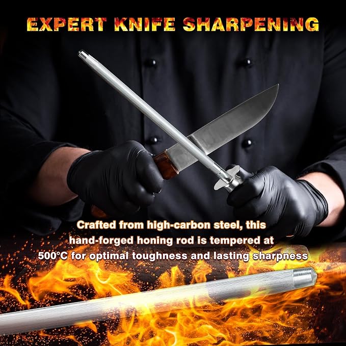 Knife Sharpener Rod, 13 Inch Carbon Steel Honing Steel for Kitchen Knives, Professional Magnetized Sharpening Stick with Nickel-Chrome Plating, Easy Grip Tool for Chef Knives (Laurel M, Wooden Handle)