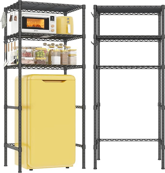REIBII 3-Tier Mini Fridge Shelf with Storage, 264LBS Metal Shelving with 8 Hooks, Adjustable Height Organizer for Dorm, Kitchen, Apartment & Office, Microwave Rack, 26.38" Wx18.1 Dx65.36 H, Black