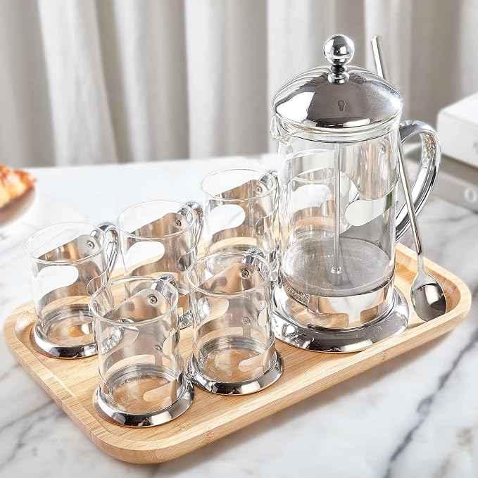 DUJUST Silver French Press Set with 6 Cups & Tray, Luxury Design Coffee Maker with 4-Level Filter System, Hot & Cold Resistant Glass French Coffee Press Set, Well Packed, Holiday Gift & Home Décor