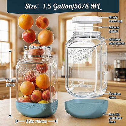 2 Pack 1.5 Gallon Large Glass Jar with Airtight Lid, Wide Mouth Glass Flour Sugar Storage Containers with Scale Marks for Pantry Organizers, Glass Canisters with Heavy-duty Handles & Non-slip Bases