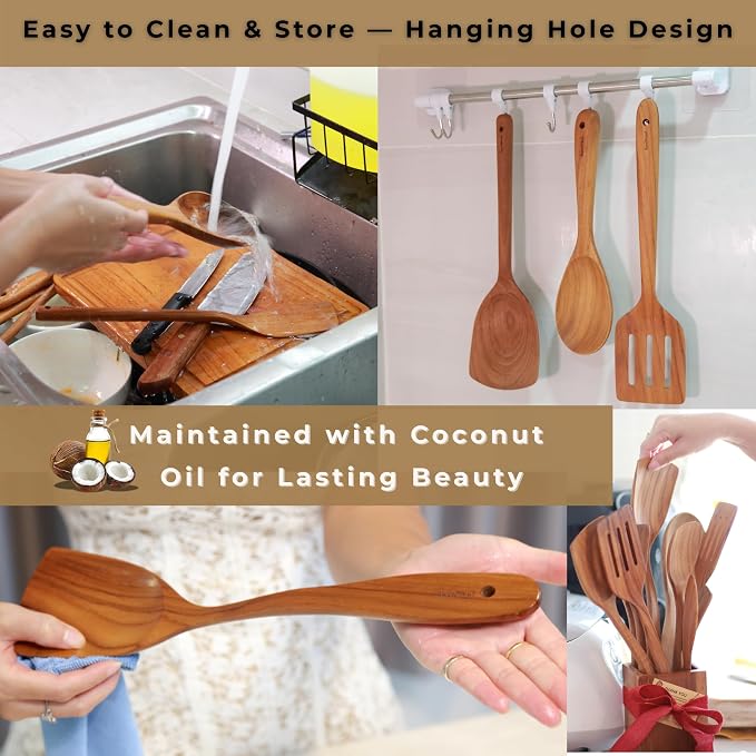 SarnThai Handmade Teak Wood Spatula – Durable Wooden Turner for Stir Fry Cooking, Long Handle Natural Cooking Utensil for Non-Stick Pans & Woks