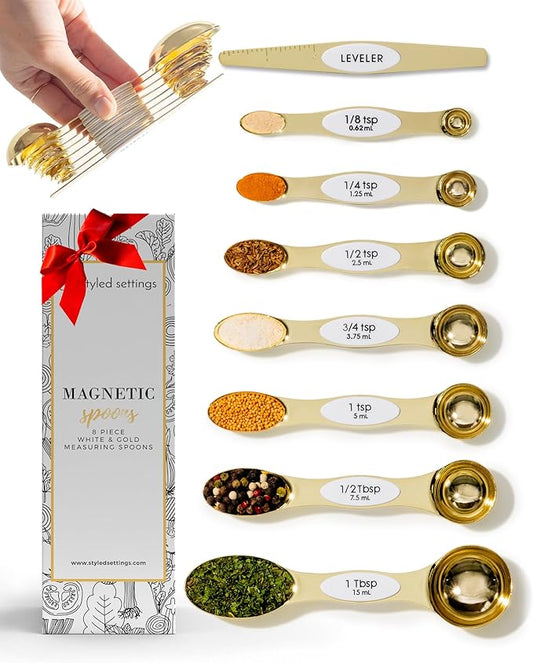 White and Gold Magnetic Measuring Spoons – Stainless Steel Double Sided Measuring Spoons for Cooking and Baking – Cute White and Gold Kitchen Accessories, Ideal for Gifting