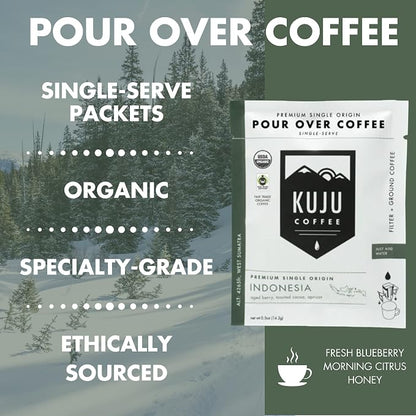 Kuju Coffee Premium Pour Over Individual Coffee Packets - Backpacking, Travel, Camping Organic Coffee Singles - Fair Trade & Eco-Friendly - Indonesia - West Sumatra, 6-pack