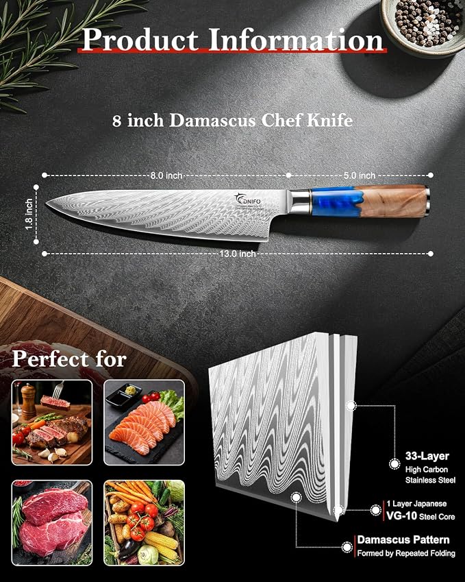 Japanese Chef Knife, 8 Inch Damascus Kitchen Knife with 67-Layer Damascus Steel & VG10 Core, Ultra Sharp Cooking Knife with Ergonomic Blue Resin Wooden Handle, Ideal Gift for Men and Women