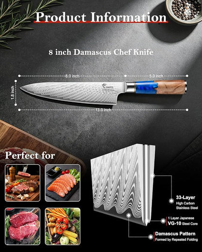 Japanese Chef Knife, 8 Inch Damascus Kitchen Knife with 67-Layer Damascus Steel & VG10 Core, Ultra Sharp Cooking Knife with Ergonomic Blue Resin Wooden Handle, Ideal Gift for Men and Women