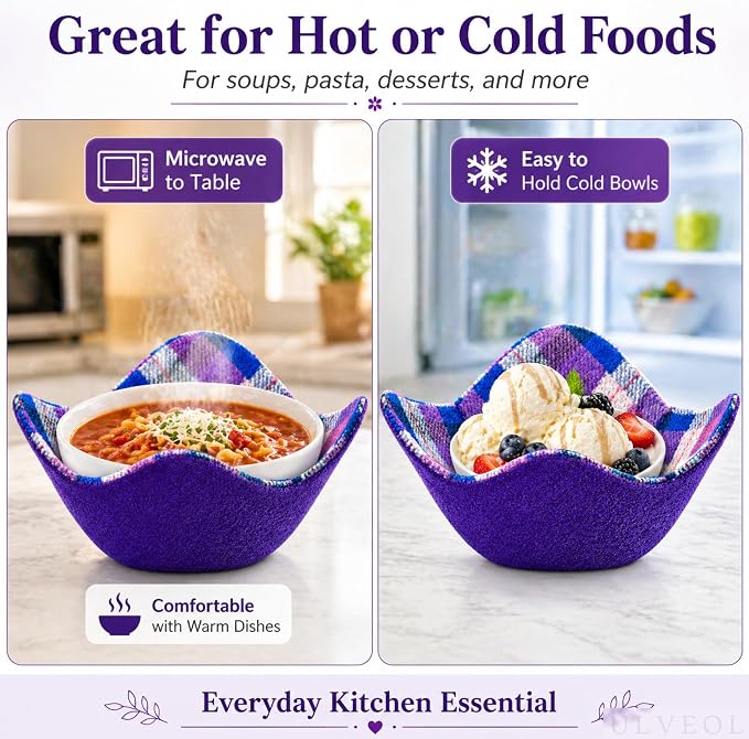 Set of 2 Purple with White Microwave Bowl Cloth Hot Pads - Multipurpose Heat Resistant Plate Holders - Hot Pads for Bouillon Cups - Pot Holder Microwavable Bowl Cozies for Food