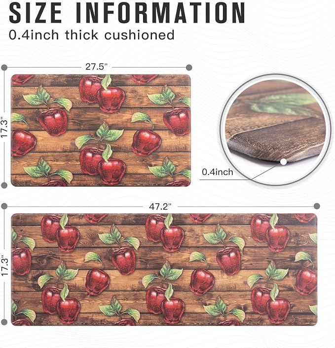 Carvapet Kitchen Floor Mats 2Pcs, Anti Fatigue Rugs and Mats Farmhouse Apples Non-Skid Cushioned Floor Comfort Mat for Kitchen, Doorway, Sink, Laundry, 17"x27"+17"x47"