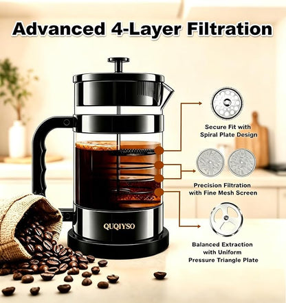 French Press Coffee Maker, 304 Stainless Steel French Press with 4 Filter, Heat Resistant Durable, Easy to Clean, Borosilicate Glass Coffee Press, 100% BPA Free Glass Teapot, 34oz, Dark Pewter