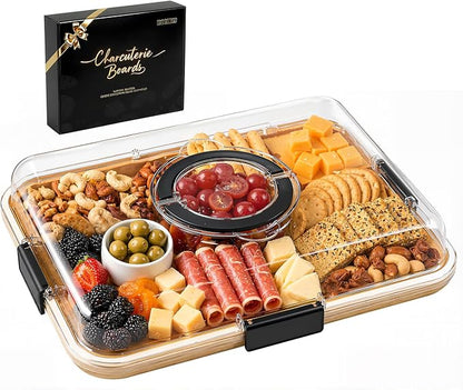 Renmxj Carbonized Charcuterie Board with Clear Lid, Portable Cheese Board Charcuterie Boxes Cutting Boards for Kitchen, House Warming Gifts New Home, Gifts for Women (Carbonized Bamboo, 1 Compartment)