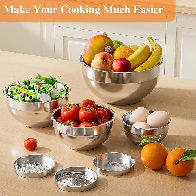Mixing Bowls with Lids Set, 6 PCS Stainless Steel Mixing Bowls with 3 Grater Attachments, Kitchen Food Storage Organizers Nesting Mixing Bowl, Large Size 4.5, 3.5, 2.1, 1.5, 1.1, 0.7QT-Black
