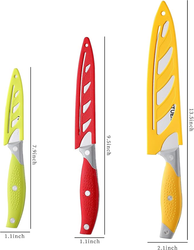 VITUER Chef Knife, 3PCS Kitchen Knife, Multicolor Stainless Steel Sharp Chef Knife Set (3Pack, Yellow, Red, Green)