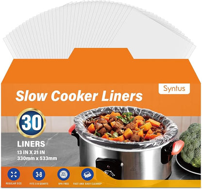Syntus 30 Count Slow Cooker Liners, Large Size 13" x 21" Fits 3-8 Quart Pots BPA-free Disposable Cooking Bags Suitable for Oval & Round & Retangular Slow Cookers