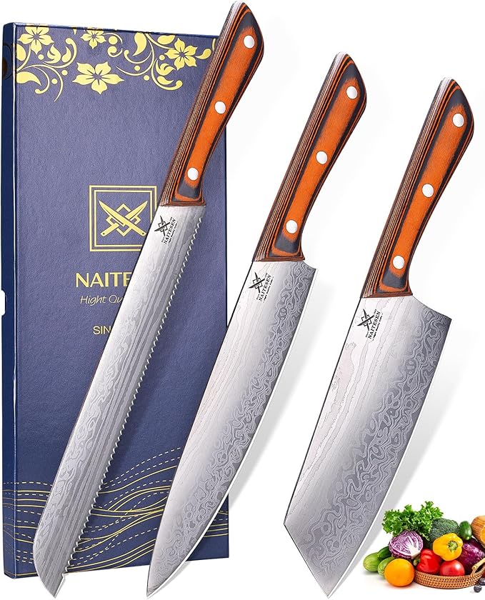 Naitesen 3PCS Professional Kitchen Knife Set,Very Sharp Meat Cleaver Chef Knife Serrated Bread Knife for Meat Vegetable Cutting Home Cooking Gifts for Men Women