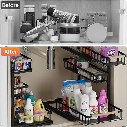 Under Sink Organizer and Storage for Bathroom and Kitchen - Under Cabinet 1 Pack 3 Tier Pull Out Shelf Organizers - Slide Out Drawer Organization for Home Cabinets Shelves and Drawers