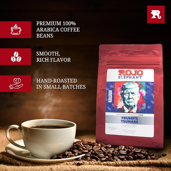 Rojo Elephant Caffeinated Ground Coffee, Single Origin Arabica Beans, Naturally Low Acid, Premium Ground Coffee (11 oz Bag) (Italian Roast -Trump's Tsunami)