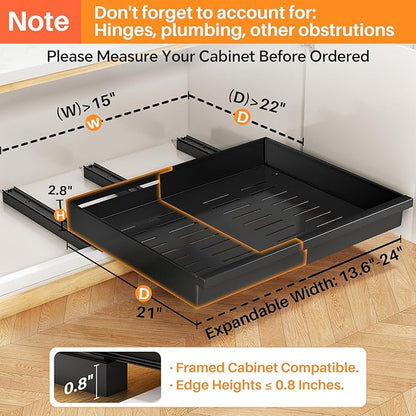Pull out Cabinet Organizer, 4-Pack Expandable(13.6"-24") Silde out Drawers with Raising Pad for Framed Cabinets, Adjustable Full-Extension Roll out Shelves for Kitchen Pantry Home Pot and Pan(Black)