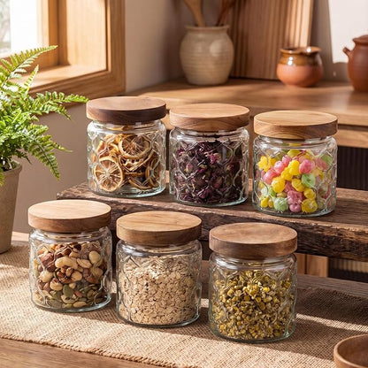 Suclain 6 Pcs 17 OZ Vintage Glass Jar with Acacia Wood Lids Airtight Glass Storage Canisters Kitchen Spice Jars Food Storage Containers for Pantry Coffee Grains Tea Sugar Flour(Lantern)