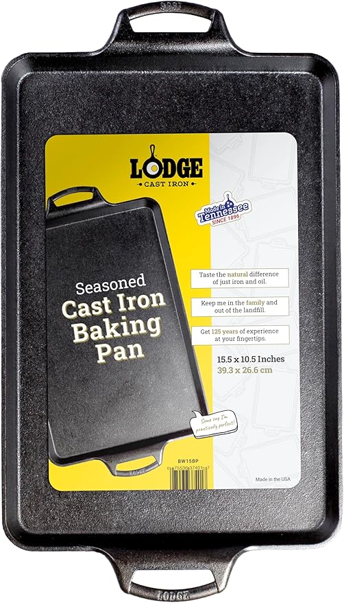 Lodge Seasoned Cast Iron Baking Pan - 15.5 Inches x 10.5 Inches - Heavy-Duty Rectangular Iron Bakeware with Dual Handles - Pre-Seasoned Oven Pan - Nonstick Baking Tray