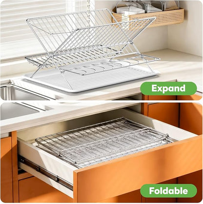 Over The Sink Dish Drying Rack, 3 Tier Large Capacity Stainless Steel Collapsible Foldable Dish Drainer, Space Saving for Kitchen Counter with Utensil Holder and Drainboard (Upgraded)