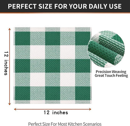 Homaxy 100% Cotton Waffle Weave Check Plaid Dish Cloths, 12 x 12 Inches, Super Soft and Absorbent Dish Towels Quick Drying Dish Rags, 6-Pack, White & Dark Green