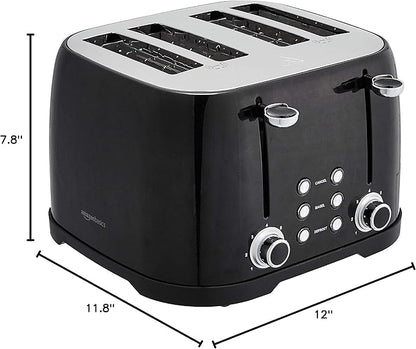 Amazon Basics 4 Slice Toaster with 4 Slots, 6 Browning Settings, Defrost, Removable Crumb Tray, Bagel Function, Cancel Button, 1600W, Black