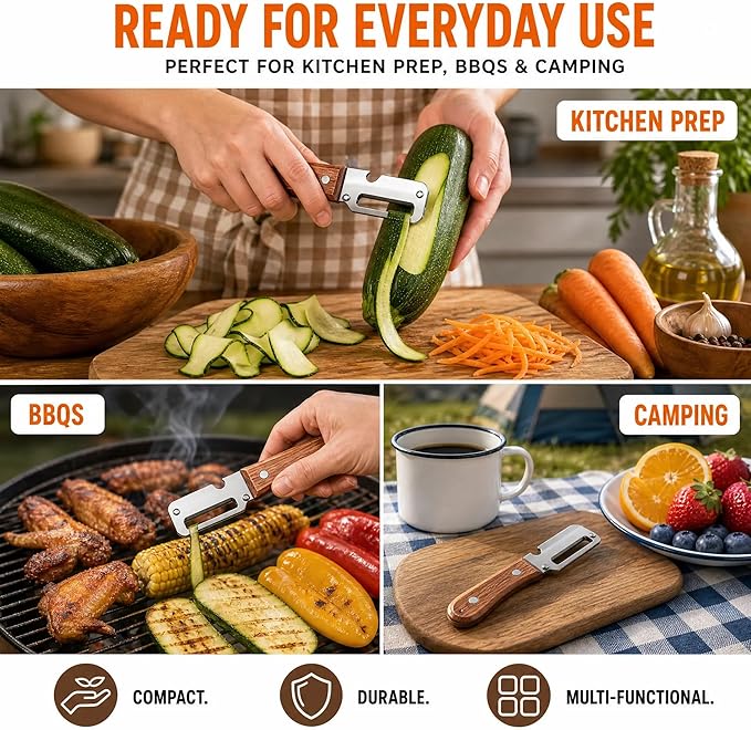 Vegetable Peeler 2 Pack, Multifunctional Stainless Steel Peeler with Wooden Handle and Bottle Opener - 2 in 1 Ultra Sharp Kitchen Tool for Fruit, Veggie, Carrot & Papaya
