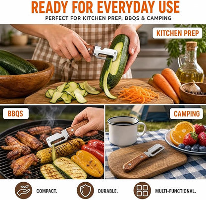 Vegetable Peeler 2 Pack, Multifunctional Stainless Steel Peeler with Wooden Handle and Bottle Opener - 2 in 1 Ultra Sharp Kitchen Tool for Fruit, Veggie, Carrot & Papaya