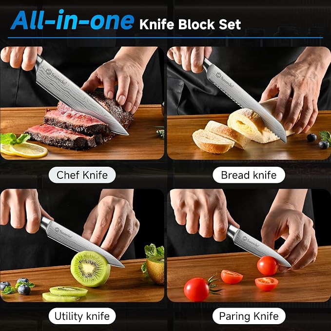 Sunnecko Knife Set with Block and Sharpener, 15 PCS Kitchen Knife Block Set Sharp Kitchen Knives High Carbon Stainless Steel with Black Handles