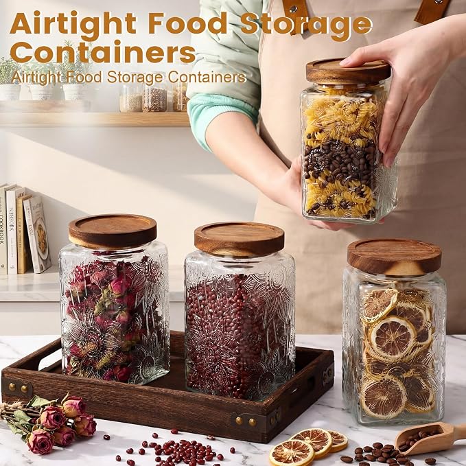 Domensi 6 Pack Vintage Glass Jars with Lids 34 oz Airtight Food Storage Containers Acacia Wood Mason Jar Lids Airtight Pantry Containers for Kitchen Countertop Tea Coffee Spices and Snacks