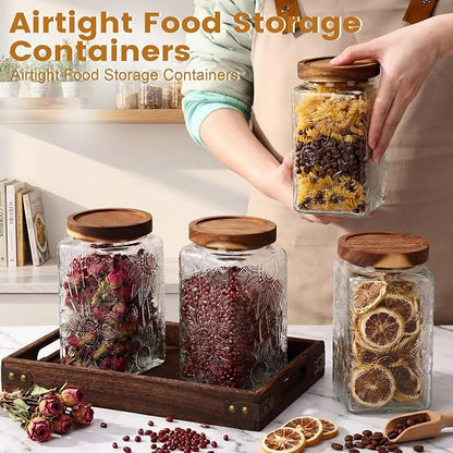 Domensi 6 Pack Vintage Glass Jars with Lids 34 oz Airtight Food Storage Containers Acacia Wood Mason Jar Lids Airtight Pantry Containers for Kitchen Countertop Tea Coffee Spices and Snacks